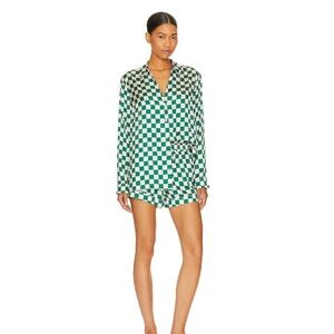 Show Me Your Mumu Revolve Pajama Set Shorts Button Silky Check Collar Green M